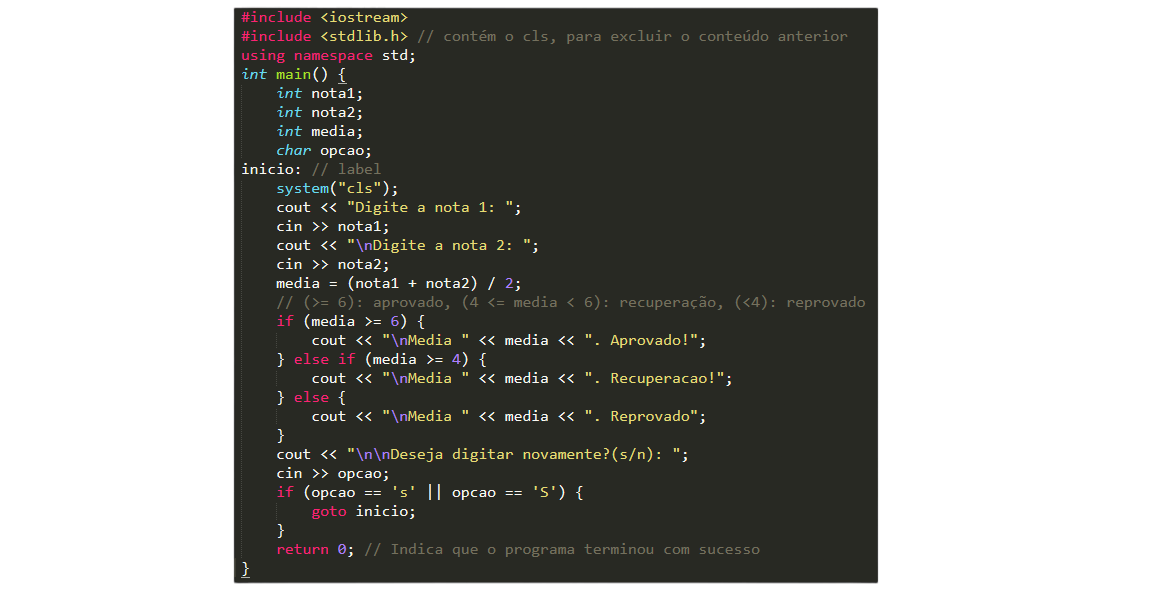 Programa que imprime a situação de um aluno com base na média obtida