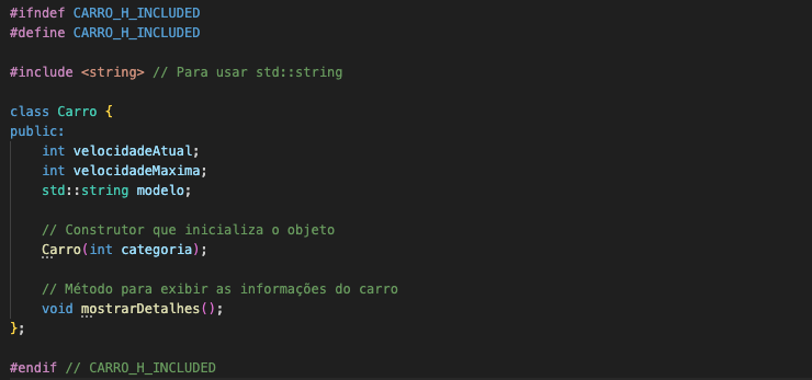 Arquivo Carro.h — Definição da Classe